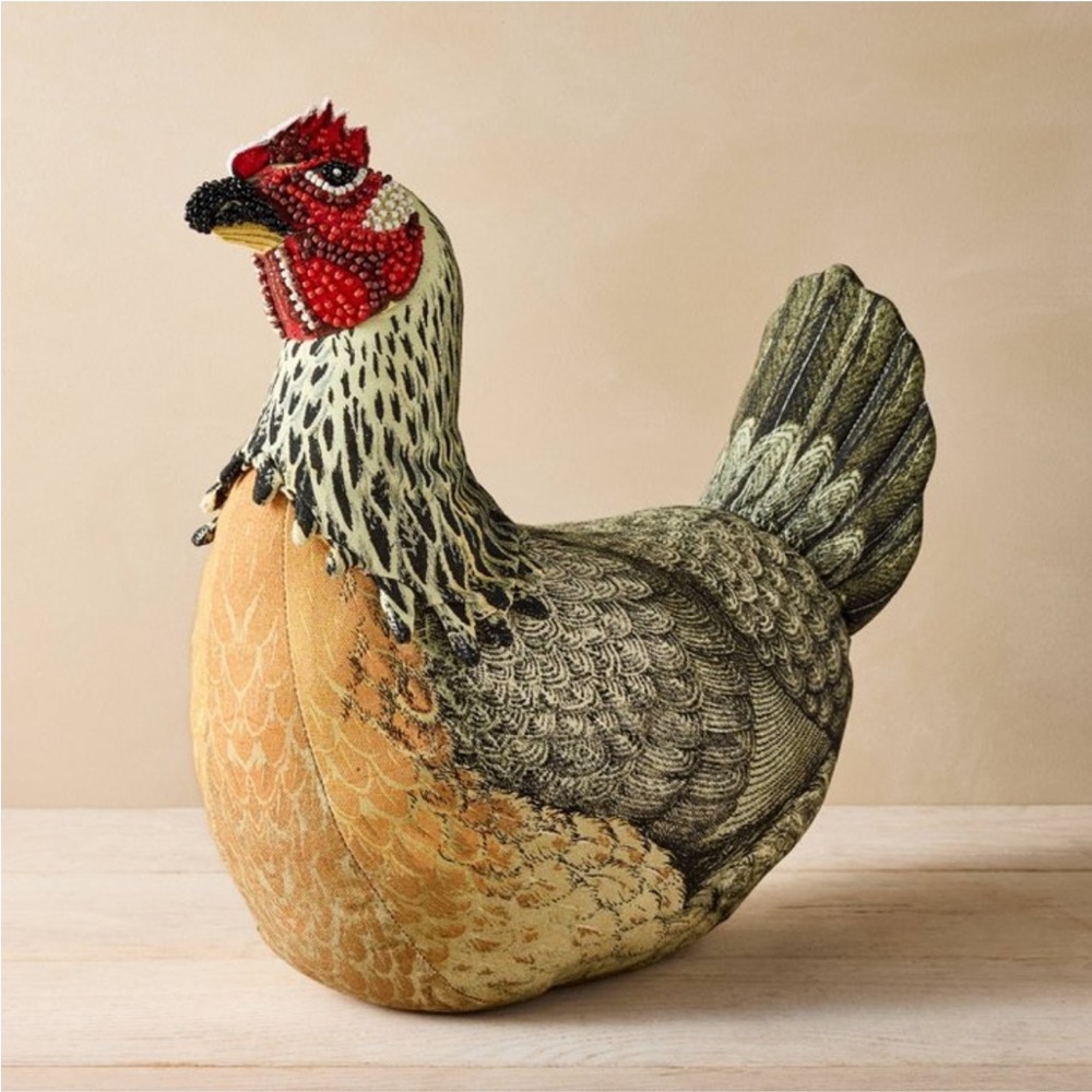JOHN DERIAN NWT beaded chicken novelty plush pillow -14x13